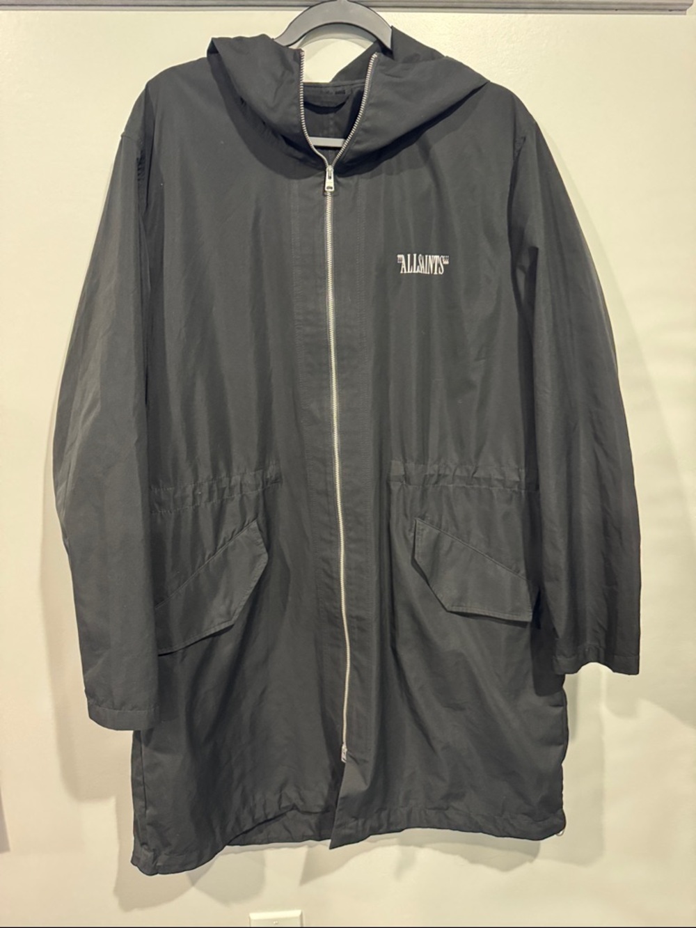 AllSaints Black Hooded Zip-Front Coat